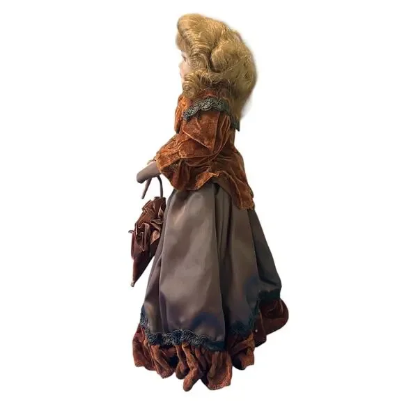 Vtg Porcelain Doll Brown Eyes Lashes Brunette Wavy Hair Shoes Umbrella Stand - Picture 6 of 13